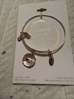 Unwritten Silver and Rose Gold Adjustable Charm Bangle Bracelet 14 k gold plated